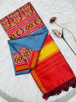 Charming Firozi Ikkat Printed Patola Silk Saree With Hypnotic Blouse Piece