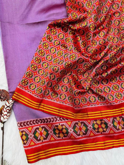 Beleaguer Lavender Ikkat Printed Patola Silk Saree With Incredible Blouse Piece