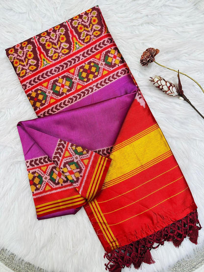 Majestic Purple Ikkat Printed Patola Silk Saree With Beautiful Blouse Piece