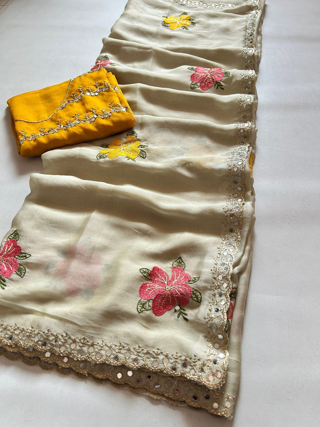 Fragrant Beige Embroidery Work Viscose Saree With Most Flattering Blouse Piece