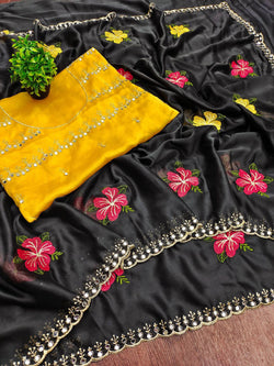 Sensational Black Embroidery Work Viscose Saree With Super extravagant Blouse Piece