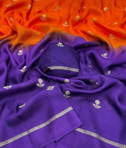 Stylish Orange and Purple Banarasi Khadi Silk Saree With Improbable Blouse Piece