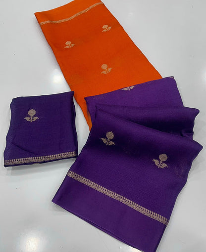 Stylish Orange and Purple Banarasi Khadi Silk Saree With Improbable Blouse Piece