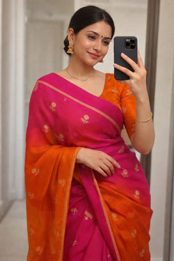 Lovely Pink and Orange Banarasi Khadi Silk Saree With Unique Blouse Piece