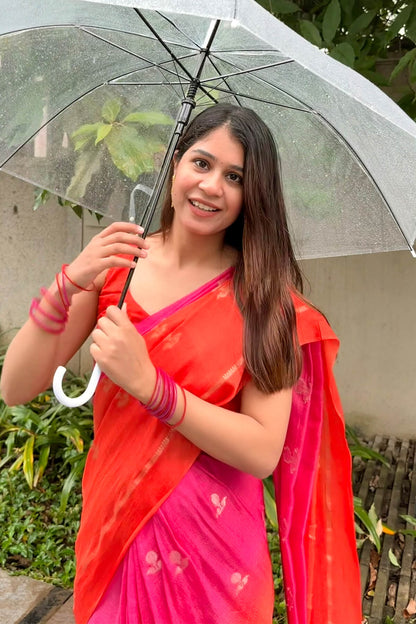 Lovely Pink and Orange Banarasi Khadi Silk Saree With Unique Blouse Piece