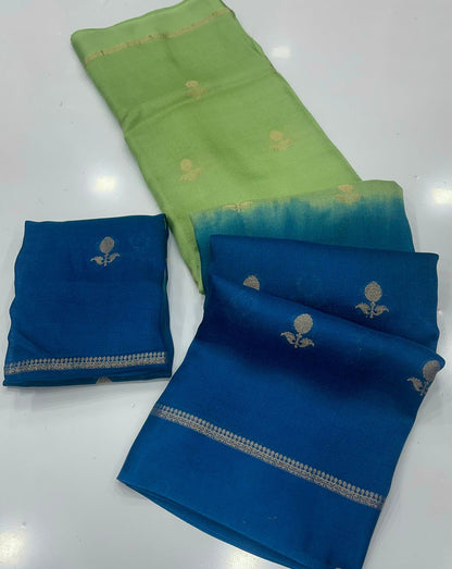 Prominent Pista and Blue Banarasi Khadi Silk Saree With Arresting Blouse Piece