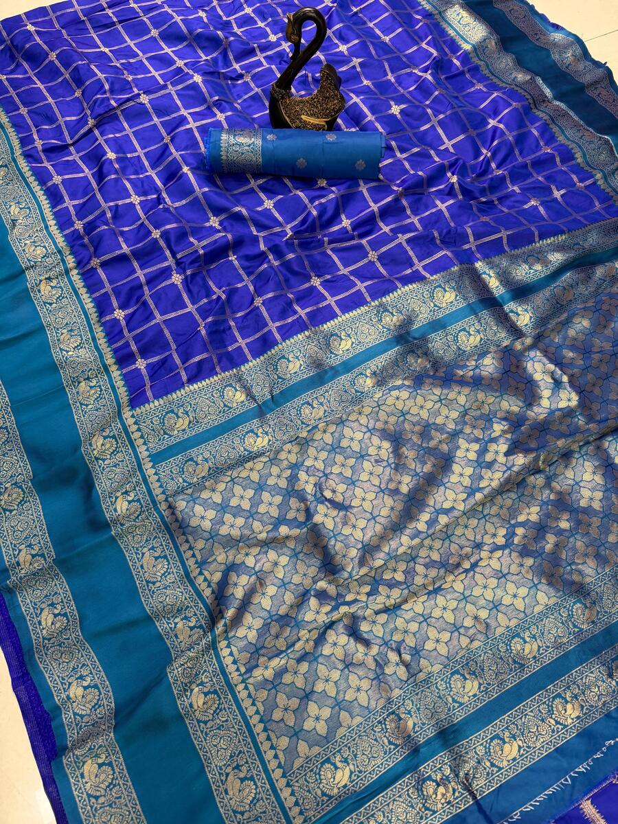 Designer Royal Blue Pure Zari Weaving Banarasi Silk Saree With Lustrous Blouse Piece