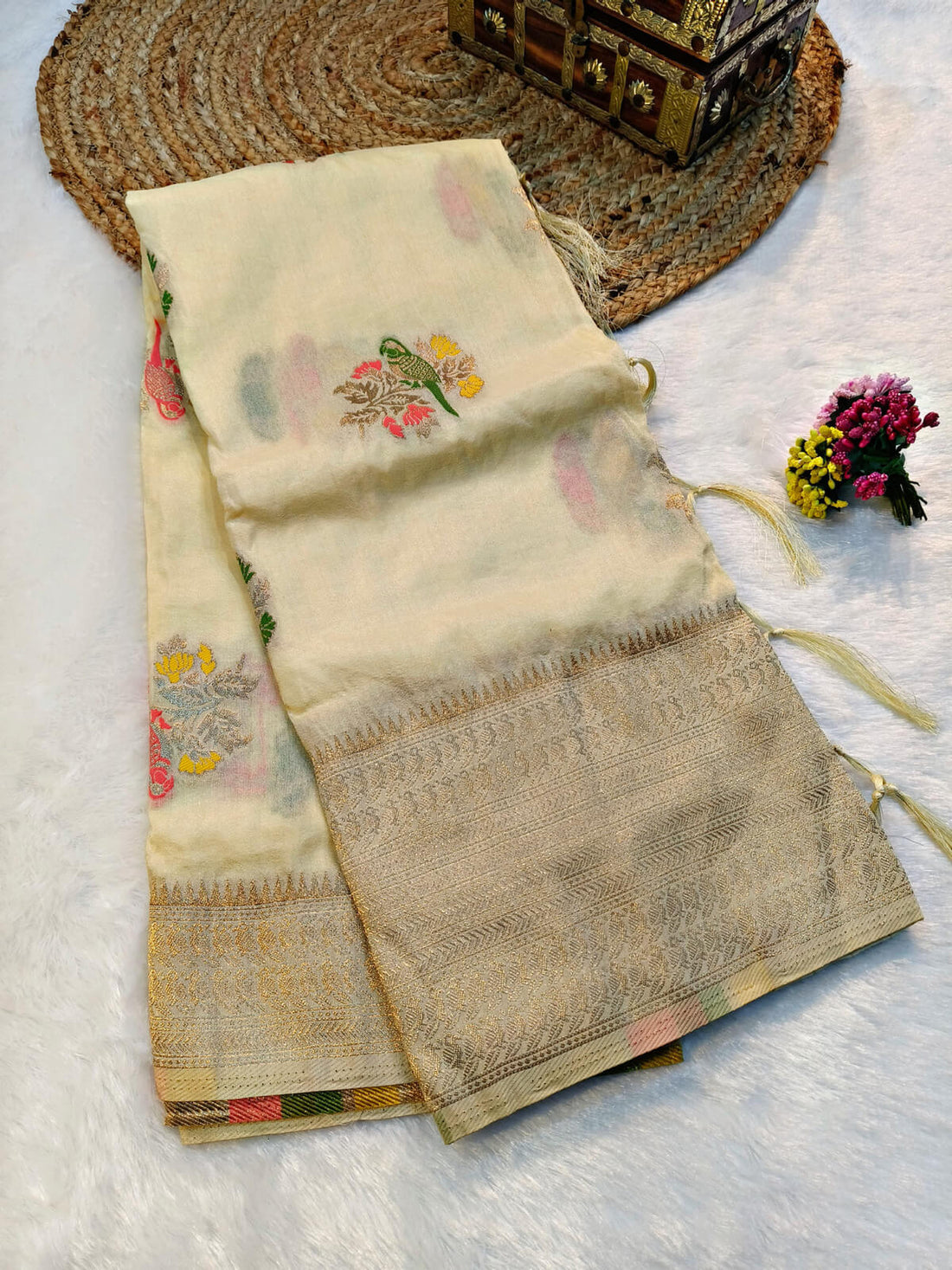 Vibrant Beige Banarasi Dola Silk Saree With Designer Blouse Piece