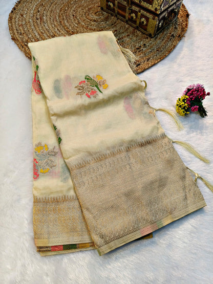 Vibrant Beige Banarasi Dola Silk Saree With Designer Blouse Piece