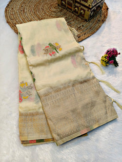 Vibrant Beige Banarasi Dola Silk Saree With Designer Blouse Piece