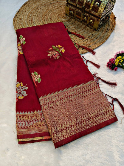 Impressive Maroon Banarasi Dola Silk Saree With Desirable Blouse Piece