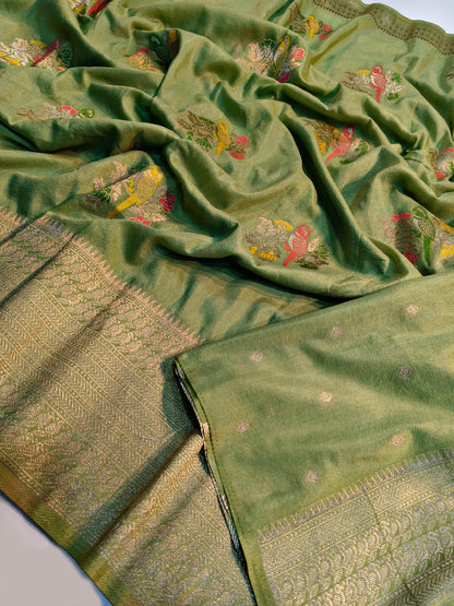 Sempiternal Pista Banarasi Dola Silk Saree With Girlish Blouse Piece