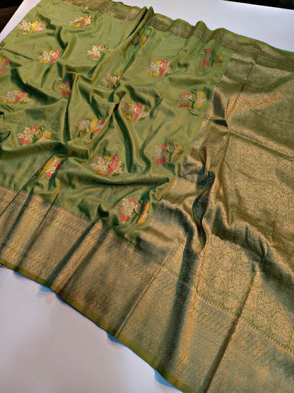 Sempiternal Pista Banarasi Dola Silk Saree With Girlish Blouse Piece