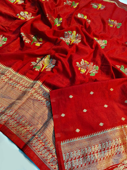 Ethnic Red Banarasi Dola Silk Saree With Deserving Blouse Piece