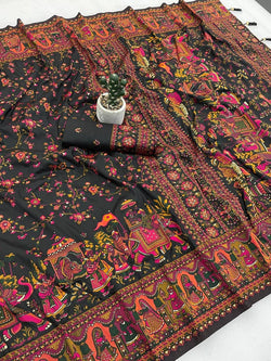 Mellifluous Black Pashmina Silk Saree With Ailurophile Blouse Piece