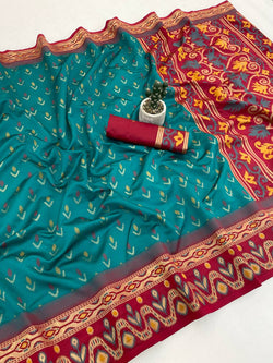 Petrichor Rama Banarasi Ikkat Silk Saree With Embellished Blouse Piece