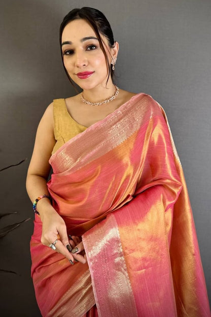 Stunning Peach Banarasi Tissue Silk Saree With Palimpsest Blouse Piece