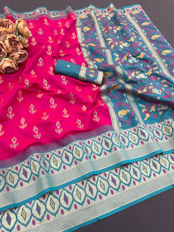 Exquisite Dark Pink Banarasi Ikkat Silk Saree With Demanding Blouse Piece