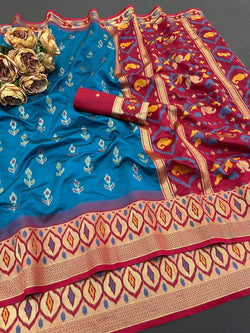Evocative Firozi Banarasi Ikkat Silk Saree With Staggering Blouse Piece