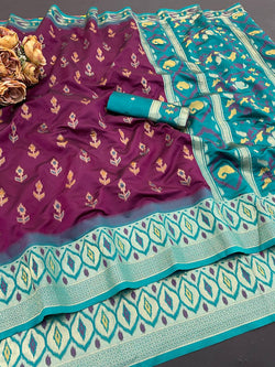 Scintillating Purple Banarasi Ikkat Silk Saree With Luminous Blouse Piece