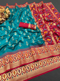 Quintessential Rama Banarasi Ikkat Silk Saree With Snazzy Blouse Piece