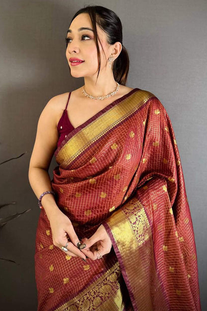 Prettiest Brown Banarasi Tissue Silk Saree With Verdant Blouse Piece