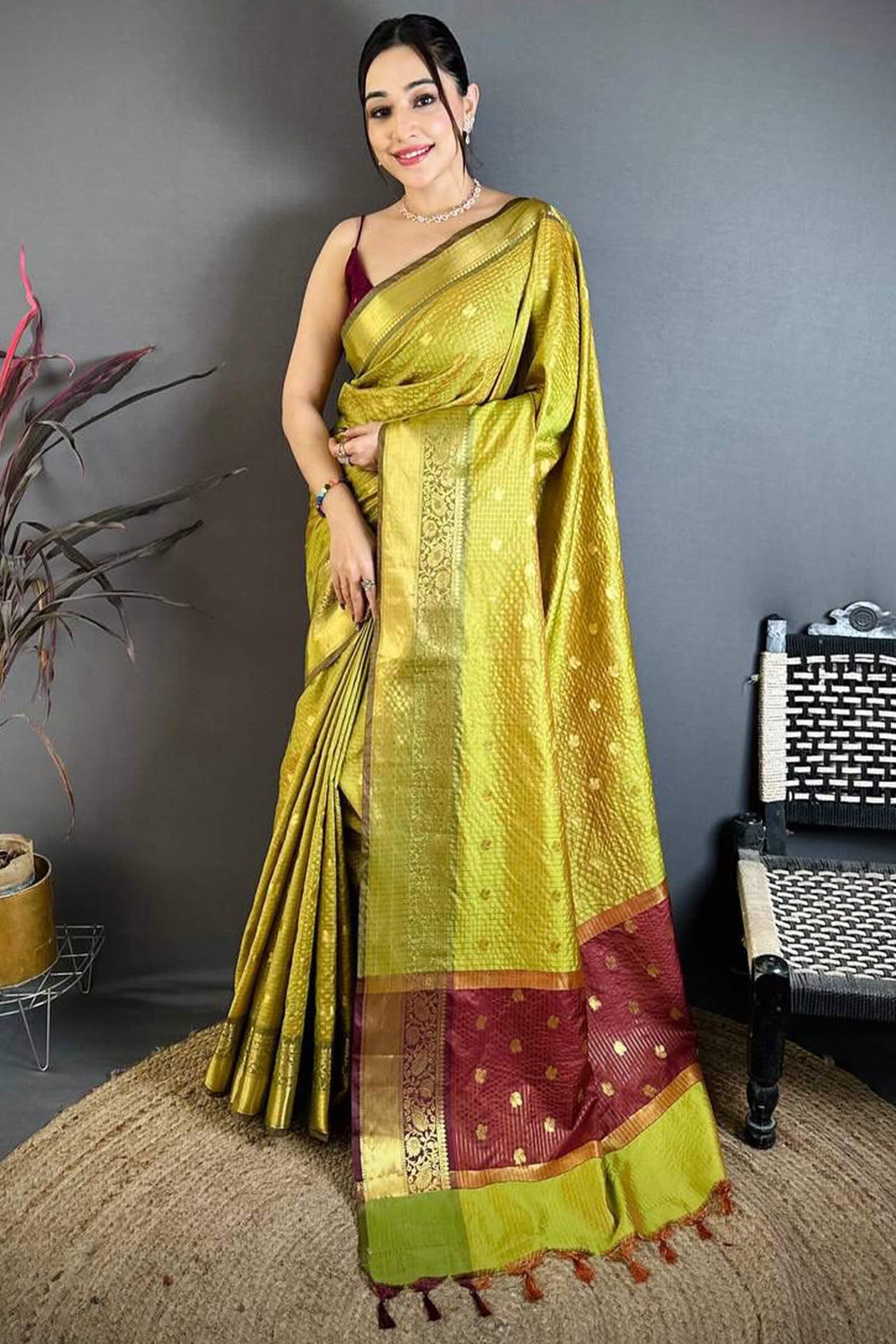 Wonderful Mehndi Banarasi Tissue Silk Saree With Radiant Blouse Piece