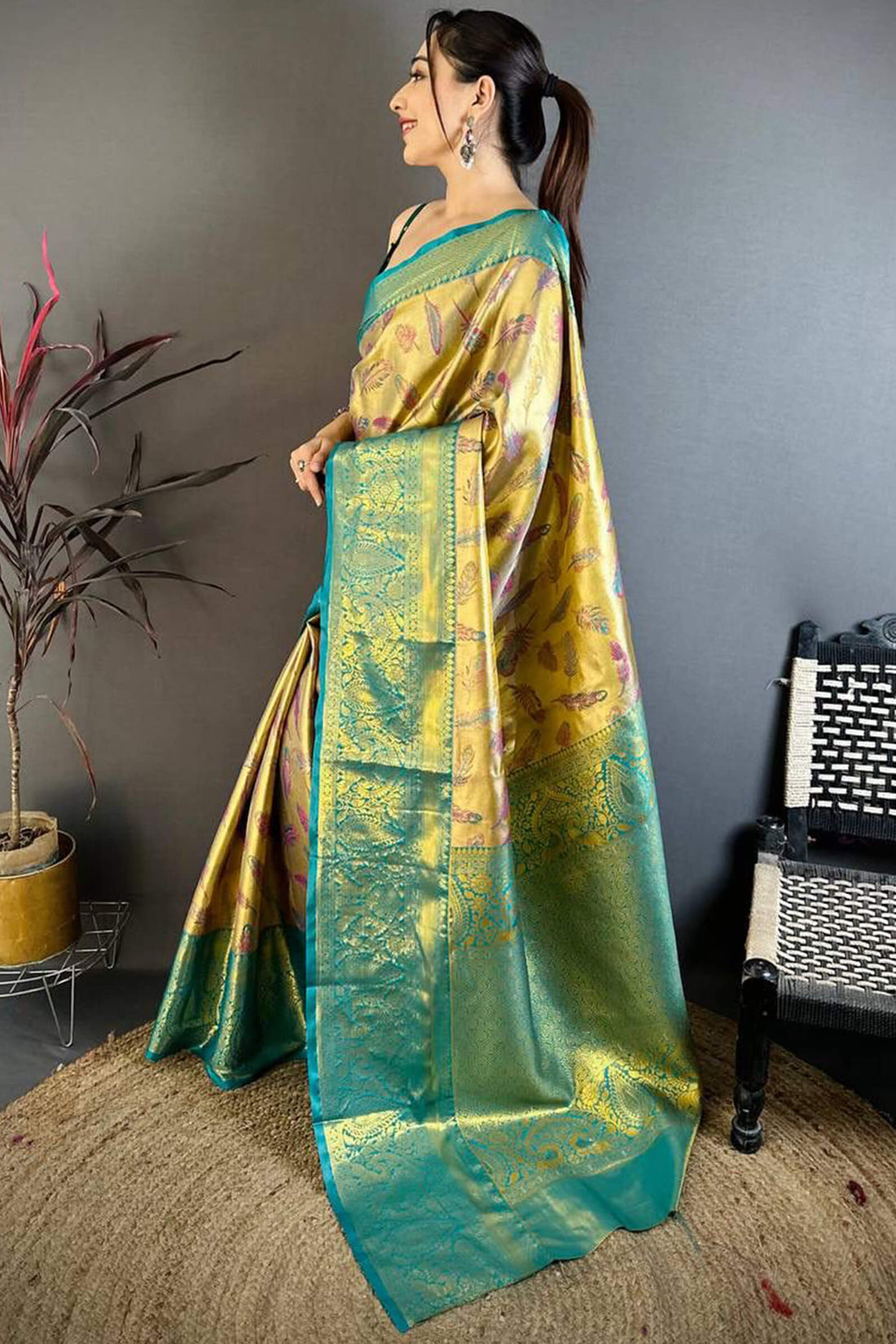 Gossamer Golden Kanjivaram Silk Saree With Lustrous Blouse Piece