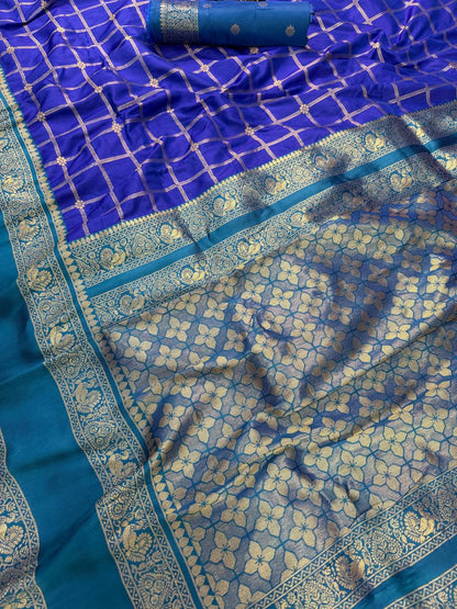 Prodigal Royal Blue Pure Zari Weaving Banarasi Silk Saree With Majesty Blouse Piece