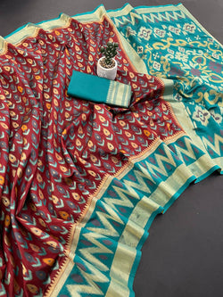 Eclat Brown Banarasi Ikkat Silk Saree With Beautiful Blouse Piece