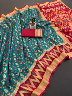 Alluring Rama Banarasi Ikkat Silk Saree With Propinquity Blouse Piece
