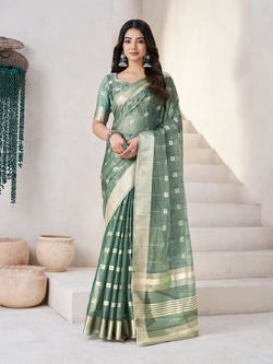 Flattering Green Zari Weaving Linen Silk Saree With Embrocation Blouse Piece
