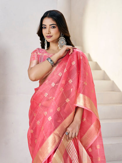 Admirable Pink Zari Weaving Linen Silk Saree With Chatoyant Blouse Piece