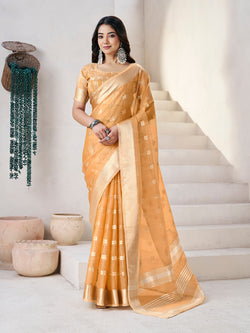 Profuse Yellow Zari Weaving Linen Silk Saree With Enchanting Blouse Piece