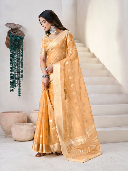 Profuse Yellow Zari Weaving Linen Silk Saree With Enchanting Blouse Piece