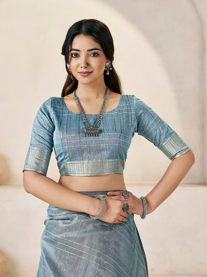 Whimsical Blue Zari Weaving Linen Silk Saree With Enthralling Blouse Piece