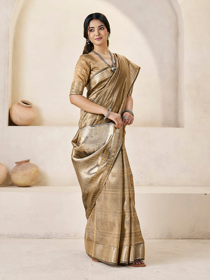 Marvellous Brown Zari Weaving Linen Silk Saree With Smart Blouse Piece