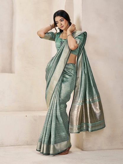 Entrancing Green Zari Weaving Linen Silk Saree With Invaluable Blouse Piece