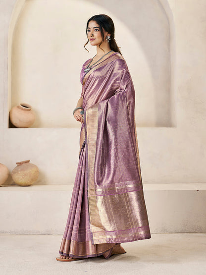 Magnetic Lavender Zari Weaving Linen Silk Saree With Capricious Blouse Piece