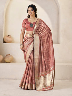 Charming Peach Zari Weaving Linen Silk Saree With Opulent Blouse Piece