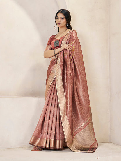 Charming Peach Zari Weaving Linen Silk Saree With Opulent Blouse Piece