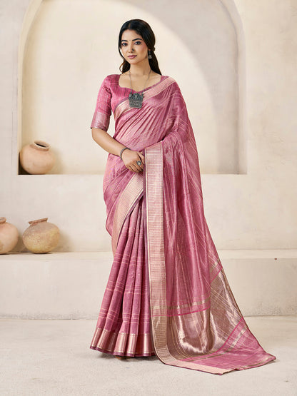 Lagniappe Pink Zari Weaving Linen Silk Saree With Improbable Blouse Piece