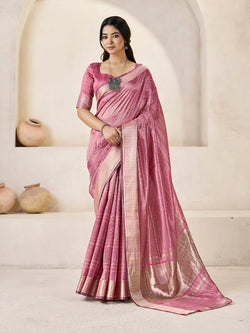 Lagniappe Pink Zari Weaving Linen Silk Saree With Improbable Blouse Piece