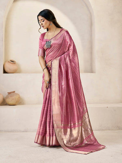 Lagniappe Pink Zari Weaving Linen Silk Saree With Improbable Blouse Piece
