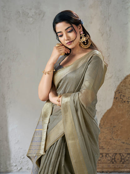 Resplendent Grey Zari Weaving Linen Silk Saree With Splendiferous Blouse Piece