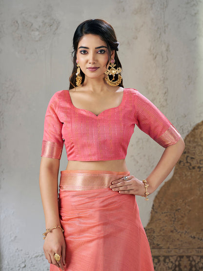 Skinny Pink Zari Weaving Linen Silk Saree With Seraglio Blouse Piece
