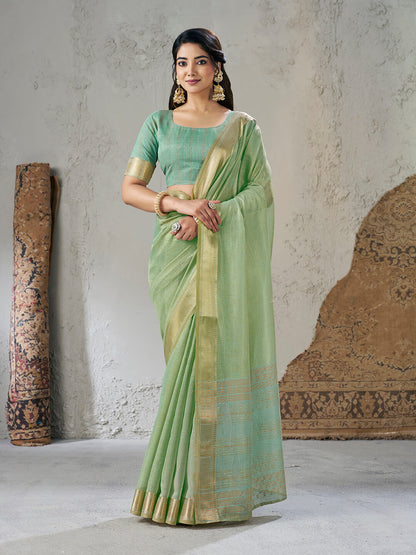 Breathtaking Pista Zari Weaving Linen Silk Saree With Desiring Blouse Piece