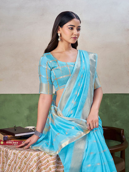 Scintilla Firozi Zari Weaving Linen Silk Saree With Adorable Blouse Piece