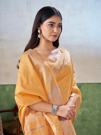 Vivacious Yellow Zari Weaving Linen Silk Saree With Hypnotic Blouse Piece