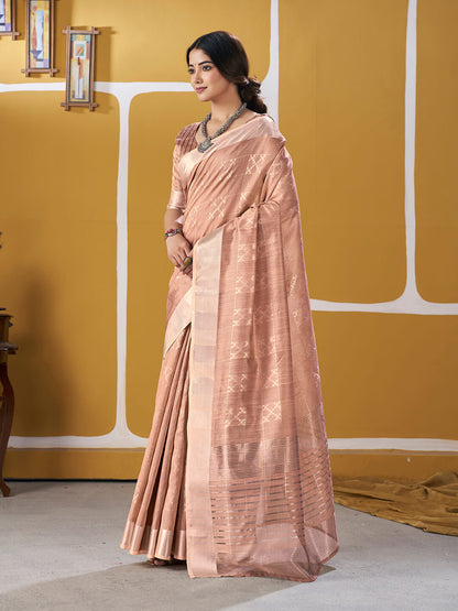 Resonant Peach Zari Weaving Linen Silk Saree With Excellent Blouse Piece